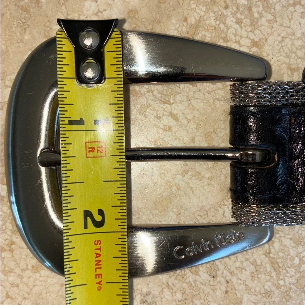 CALVIN KLEIN Belt, Black Leather with Silver mesh edging, monogram buckle. M EUC